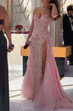 Elegant Pink Straps Sheath Tulle Split Long Formal Evening Dresses Party Drersses, HZ0319