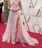 Elegant Pink Straps Sheath Tulle Split Long Formal Evening Dresses Party Drersses, HZ0319