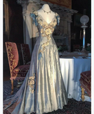 Light Blue V Neck Sleeveless A-Line Appliques Vintage Long Evening Dresses, HZ0319