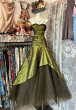 Green Strapless A-Line Lace Satin Vintage Long Evening Party Dresses, HZ0319