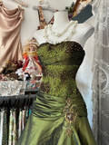 Green Strapless A-Line Lace Satin Vintage Long Evening Party Dresses, HZ0319