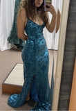 Blue V Neck Straps Mermaid Sequins Split Long Prom Dresses Evening Gowns, HZ0319