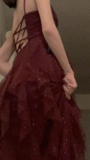 Burgundy Spaghetti Straps Sheath Ruffles Long Prom Dresses Evening Gowns, HZ0319
