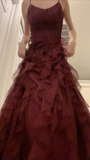 Burgundy Spaghetti Straps Sheath Ruffles Long Prom Dresses Evening Gowns, HZ0319