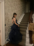 Shiny Navy Blue Spaghetti Straps A-Line Long Prom Dresses Birthday Dresses, HZ0319