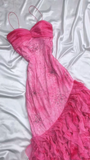 Hot Pink Spaghetti Straps A-Line Ruffles Beaded Vintage Long Party Dresses, HZ0319