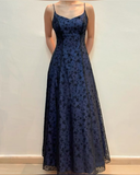 Dark Navy Spaghetti Straps A-Line Vintage Long Evening Party Dresses, HZ0319