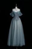 Blue Straps Off Shoulder A-Line Tulle Beaded Long Formal Evening Party Dresses, HZ0319