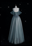 Blue Straps Off Shoulder A-Line Tulle Beaded Long Formal Evening Party Dresses, HZ0319