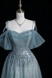 Blue Straps Off Shoulder A-Line Tulle Beaded Long Formal Evening Party Dresses, HZ0319