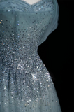 Blue Straps Off Shoulder A-Line Tulle Beaded Long Formal Evening Party Dresses, HZ0319