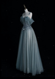 Blue Straps Off Shoulder A-Line Tulle Beaded Long Formal Evening Party Dresses, HZ0319