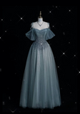 Blue Straps Off Shoulder A-Line Tulle Beaded Long Formal Evening Party Dresses, HZ0319