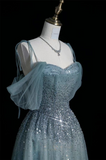 Blue Straps Off Shoulder A-Line Tulle Beaded Long Formal Evening Party Dresses, HZ0319