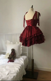 Wine Red Straps A-Line Short Party Dresses Cute Mini Birthday Dresses, HZ0319