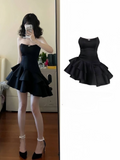 Black Strapless A-Line Satin Ruffles Homecoming Dresses Short Party Dresses, HZ0319