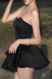 Black Strapless A-Line Satin Ruffles Homecoming Dresses Short Party Dresses, HZ0319
