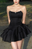 Black Strapless A-Line Satin Ruffles Homecoming Dresses Short Party Dresses, HZ0319