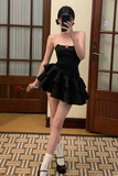 Black Strapless A-Line Satin Ruffles Homecoming Dresses Short Party Dresses, HZ0319