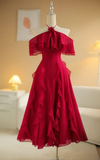 Sexy Red Halter Off Shoulder A-Line Chiffon Ruffles Long Party Dresses, HZ0319