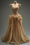 Champagne Sweetheart A-Line Chiffon Appliques Retro Evening Ball Gowns, HZ0319