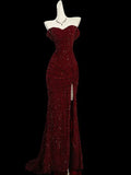 Burgundy Off Shoulder Mermaid Sequins Long Evening Party Dresses, HZ0319