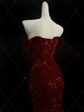 Burgundy Off Shoulder Mermaid Sequins Long Evening Party Dresses, HZ0319