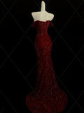 Burgundy Off Shoulder Mermaid Sequins Long Evening Party Dresses, HZ0319
