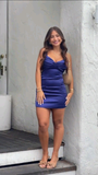 Dark Blue Straps Sheath Satin Short Party Dresses Homecoming Dresses, HZ0319