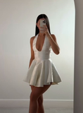 White Halter A-Line Satin Short Party Dresses Homecoming Dresses, HZ0319
