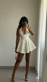 White Halter A-Line Satin Short Party Dresses Homecoming Dresses, HZ0319