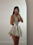 White Halter A-Line Satin Short Party Dresses Homecoming Dresses, HZ0319