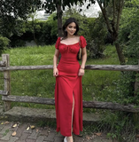 Charming Red A-Line Long Party Dresses Wedding Guest Dresses, HZ0319