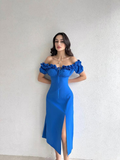 Charming Blue A-Line Long Party Dresses Wedding Guest Dresses, HZ0319
