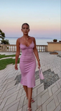 Lilac Spaghetti Straps Midi Length Party Drseses Wedding Guest Dresses, HZ0319