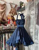 Navy Blue A-Line Halter Short Party Dresses Satin Homecoming Dresses, HZ0319