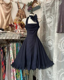Navy Blue A-Line Halter Chiffon Vintage Short Dresses Homecoming Dresses, HZ0319