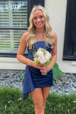 Navy Blue Strapless Sheath Satin Mini Cocktail Dresses Homecoming Dresses, HZ0319