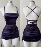Purple Straps Sheath Satin Backless Homecoming Dresses Short Party Dresses, HZ0319