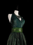 Dark Green Halter Neck A-Line Beading Vintage Long Evening Party Dress, HZ0319