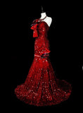 Charming Red One Shoulder Mermaid Sequins Vintage Long Evening Party Dress, HZ0319