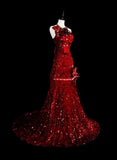 Charming Red One Shoulder Mermaid Sequins Vintage Long Evening Party Dress, HZ0319