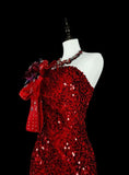 Charming Red One Shoulder Mermaid Sequins Vintage Long Evening Party Dress, HZ0319