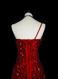 Charming Red One Shoulder Mermaid Sequins Vintage Long Evening Party Dress, HZ0319