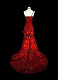 Charming Red One Shoulder Mermaid Sequins Vintage Long Evening Party Dress, HZ0319