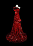 Charming Red One Shoulder Mermaid Sequins Vintage Long Evening Party Dress, HZ0319