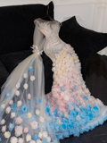 Gorgeous Sparkling Beaded Sequin Mermaid 3D Flowers Design Tulle Evening Dress Prom Dresses HZ0319