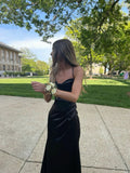 Black Straps Mermaid Satin Simple Long Prom Dress Evening Party Dress, HZ0319