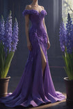 Elegant Purple Off Shoulder Mermaid Split Long Evening Party Dress, HZ0319
