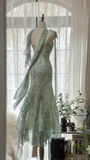 Light Sage Spaghetti Straps Beaing Chiffon Vintage Long Party Dress Evening Gown, HZ0319